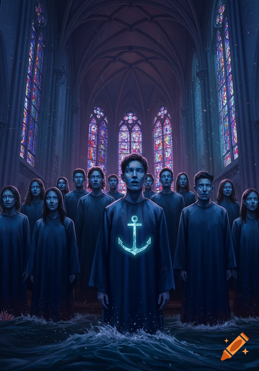 A surreal image of a choir in dark robes standing in a flooded gothic cathedral, with a glowing anchor on the central figure's chest.