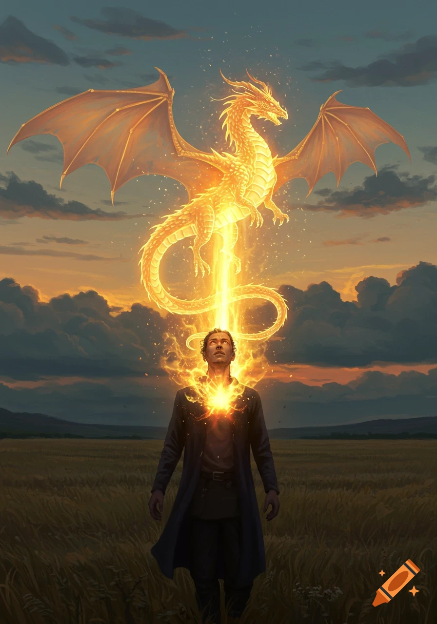 A man stands in a field at sunset as glowing light escapes his heart, forming a golden, winged dragon above him in a fantasy art style.
