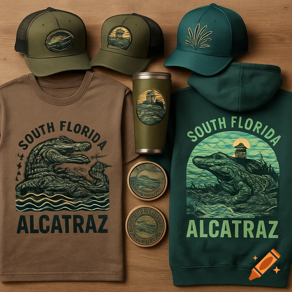 Overhead view of olive green and dark green apparel and merchandise, including hats, a t-shirt, a hoodie, a tumbler, and coasters, all featuring an alligator design with 'SOUTH FLORIDA ALCATRAZ' text.