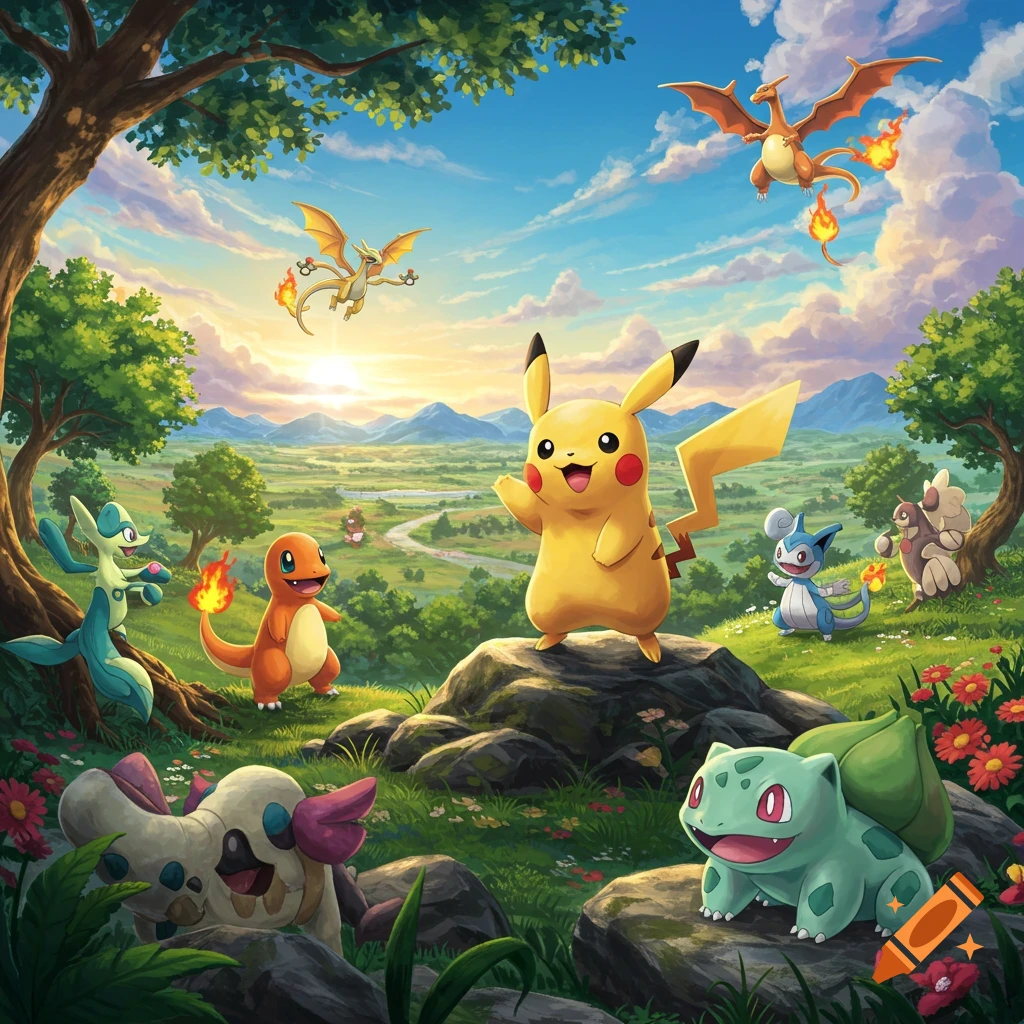 Pikachu, Bulbasaur, Charmander, and other Pokemon characters in a vibrant, sunny valley landscape.