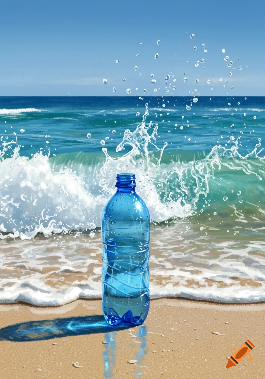 A blue plastic water bottle stands on a sandy beach as a wave splashes, with the ocean and blue sky in the background.