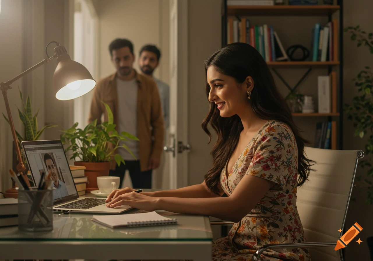 Photorealistic image of a smiling Indian woman in a floral dress on a video call at her home office desk, with two men watching from a doorway.