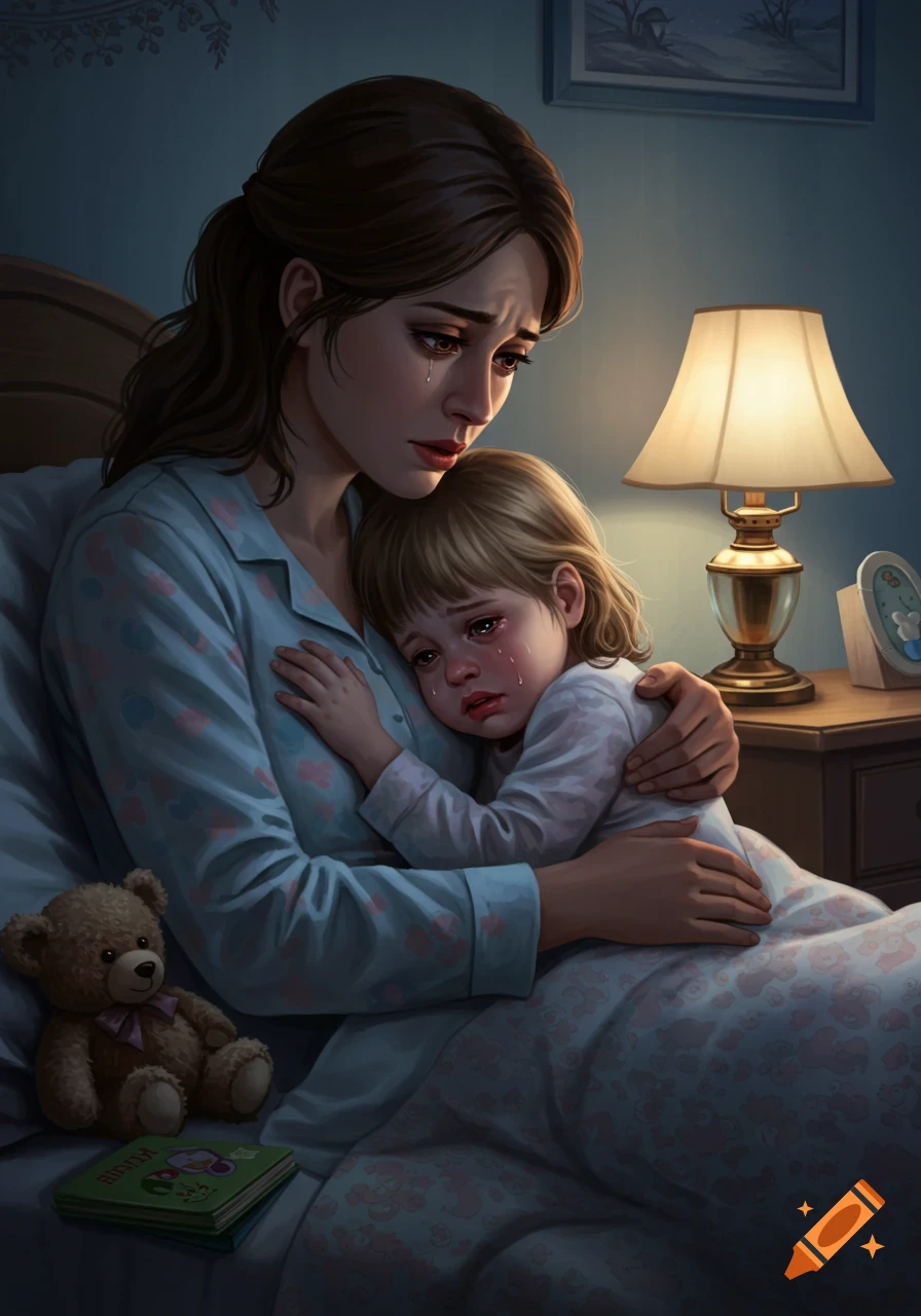 A mother in pajamas comforts her crying toddler girl in bed, digital art.