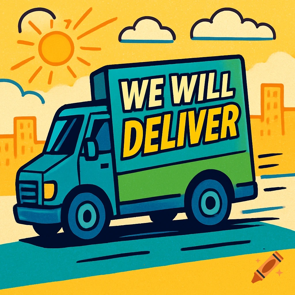 A vibrant, cartoon-style delivery truck with 'WE WILL DELIVER' on its side drives through a sunny city.