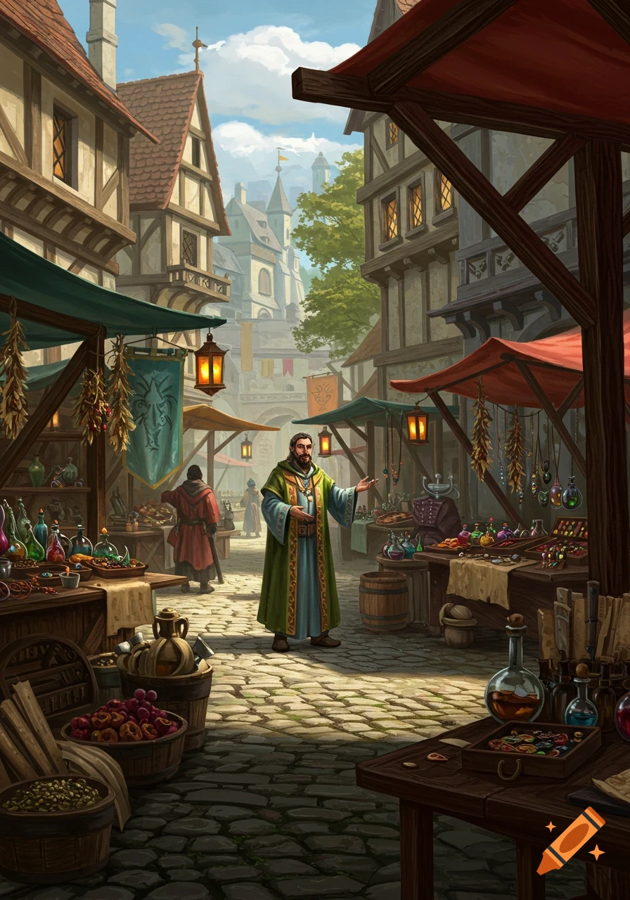 A robed merchant stands in a bustling medieval fantasy market street with stalls, colorful potions, and timber-framed buildings.