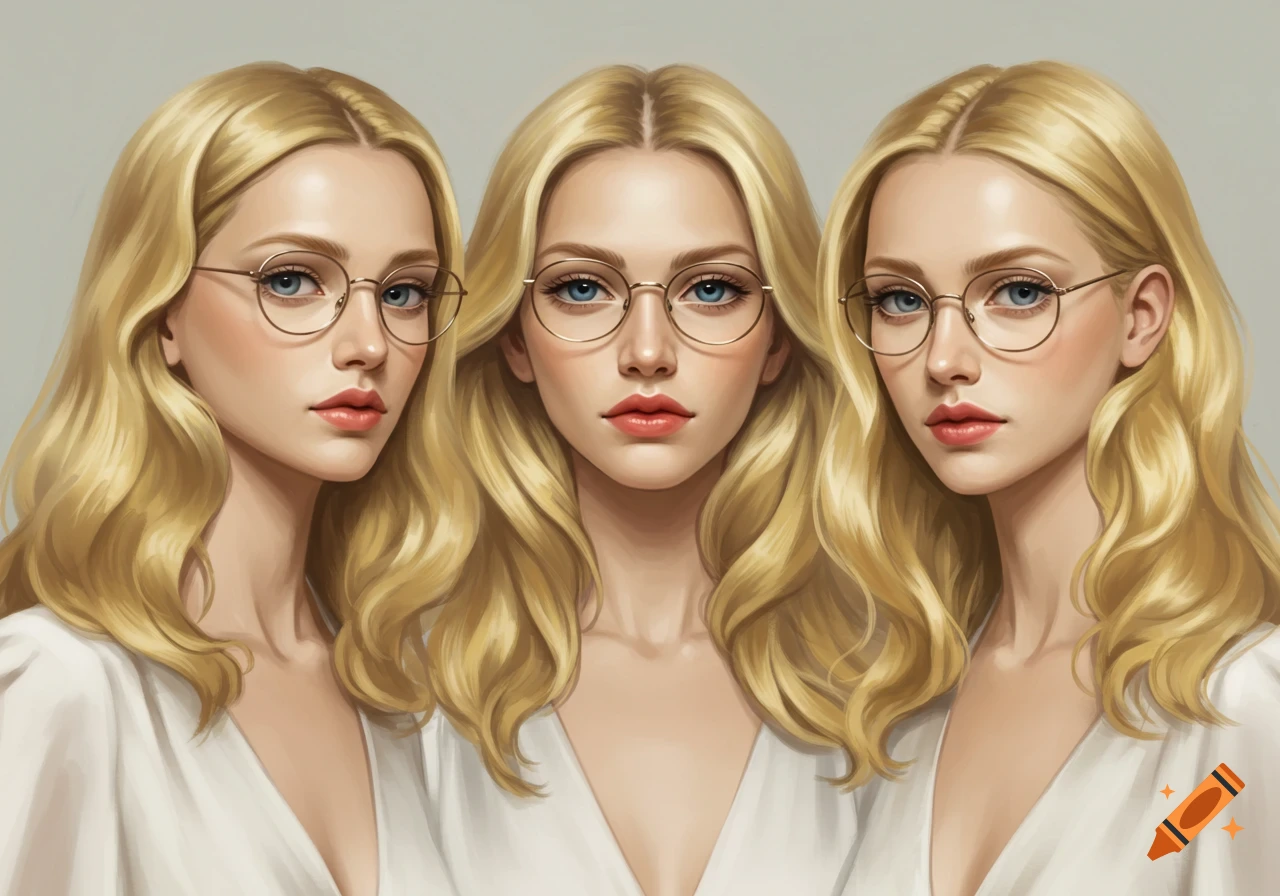 Three blonde women with blue eyes wearing round glasses and red lipstick in a digital art style.
