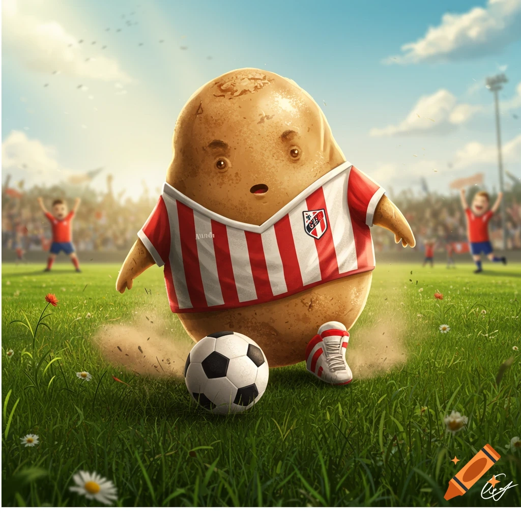 A cartoon potato in a red and white striped football jersey kicks a soccer ball on a grassy field in a stadium with cheering fans.