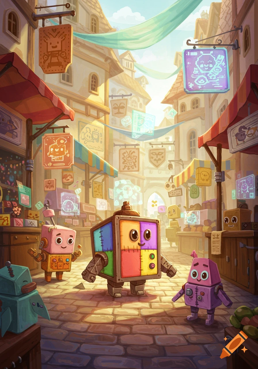Colorful, cartoon-style robots in a bustling marketplace with shops and signs under a bright sky.