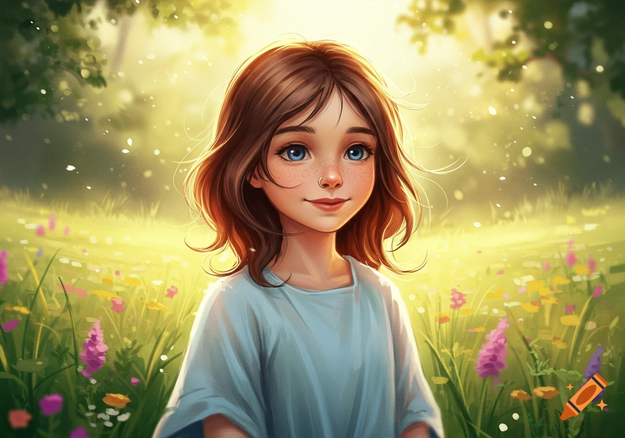 A pretty young girl with brown hair and blue eyes stands in a sunny meadow of colorful flowers in a digital art style.
