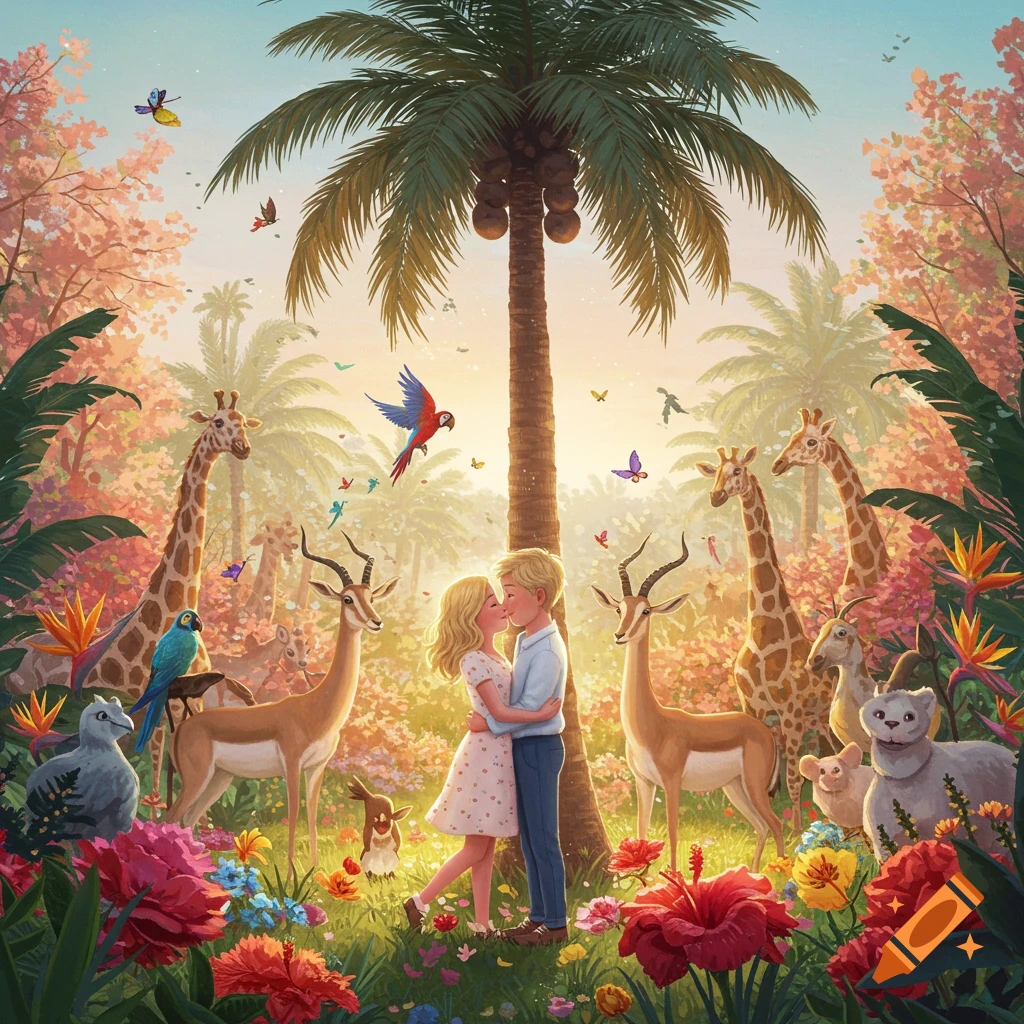 A blonde couple embraces under a palm tree in a magical, colorful garden filled with animals and flowers, in Pixar style.