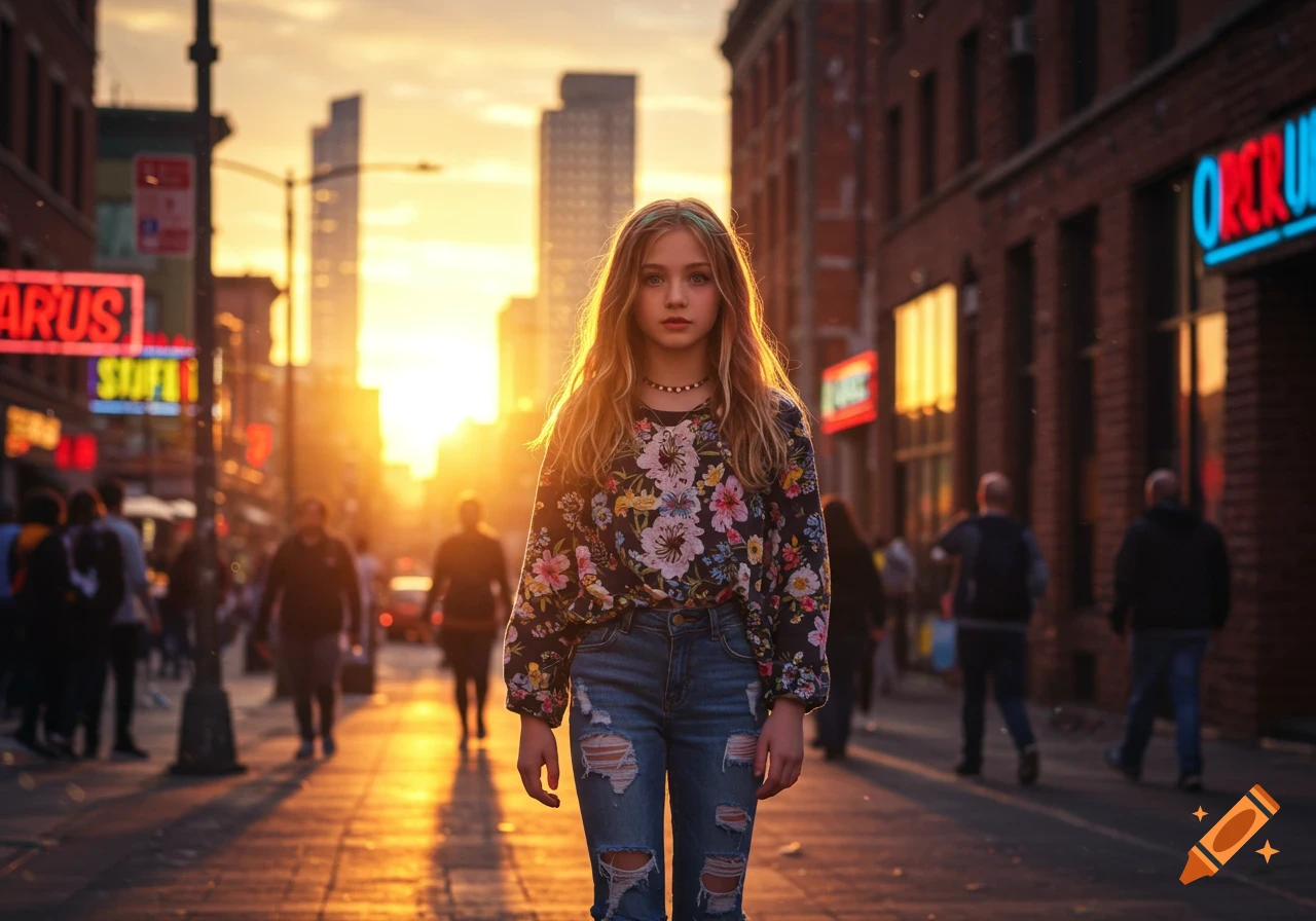 A young girl with long hair and a floral shirt stands on a city street at sunset, with buildings and blurred people in the background. Photorealistic style.