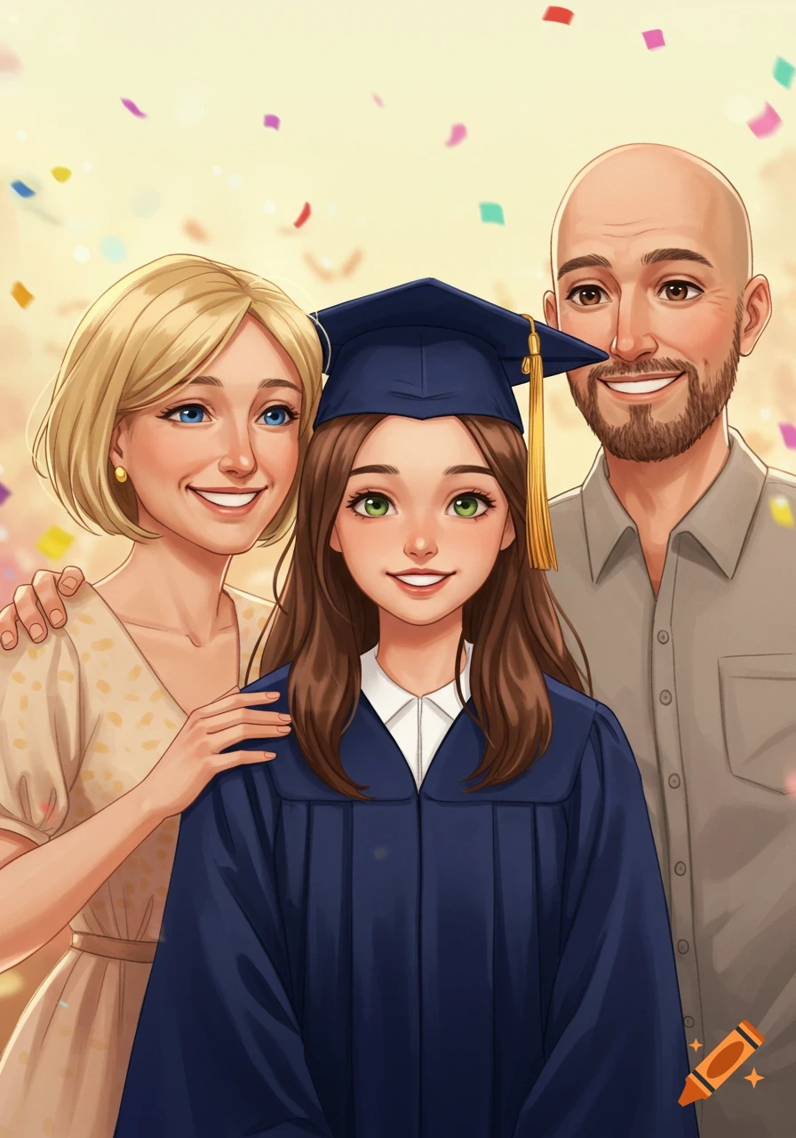 Cartoon illustration of a graduating daughter hugged by her proud parents amidst confetti.