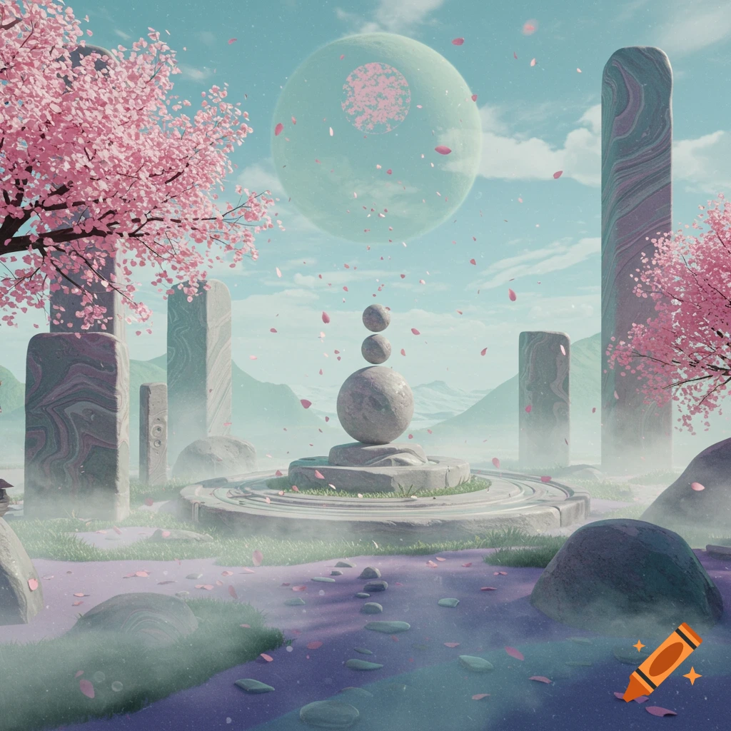 Dreamy fantasy landscape with pink cherry blossoms, stone structures, a cairn, and a large planet in a teal sky with falling petals.