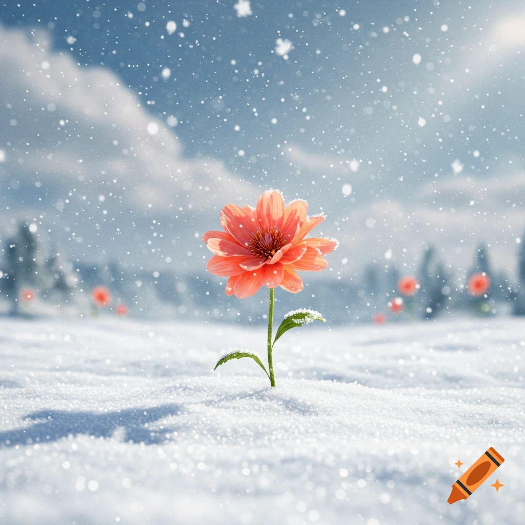 A vibrant orange flower blooms in a snowy field with snowflakes falling under a bright blue sky.