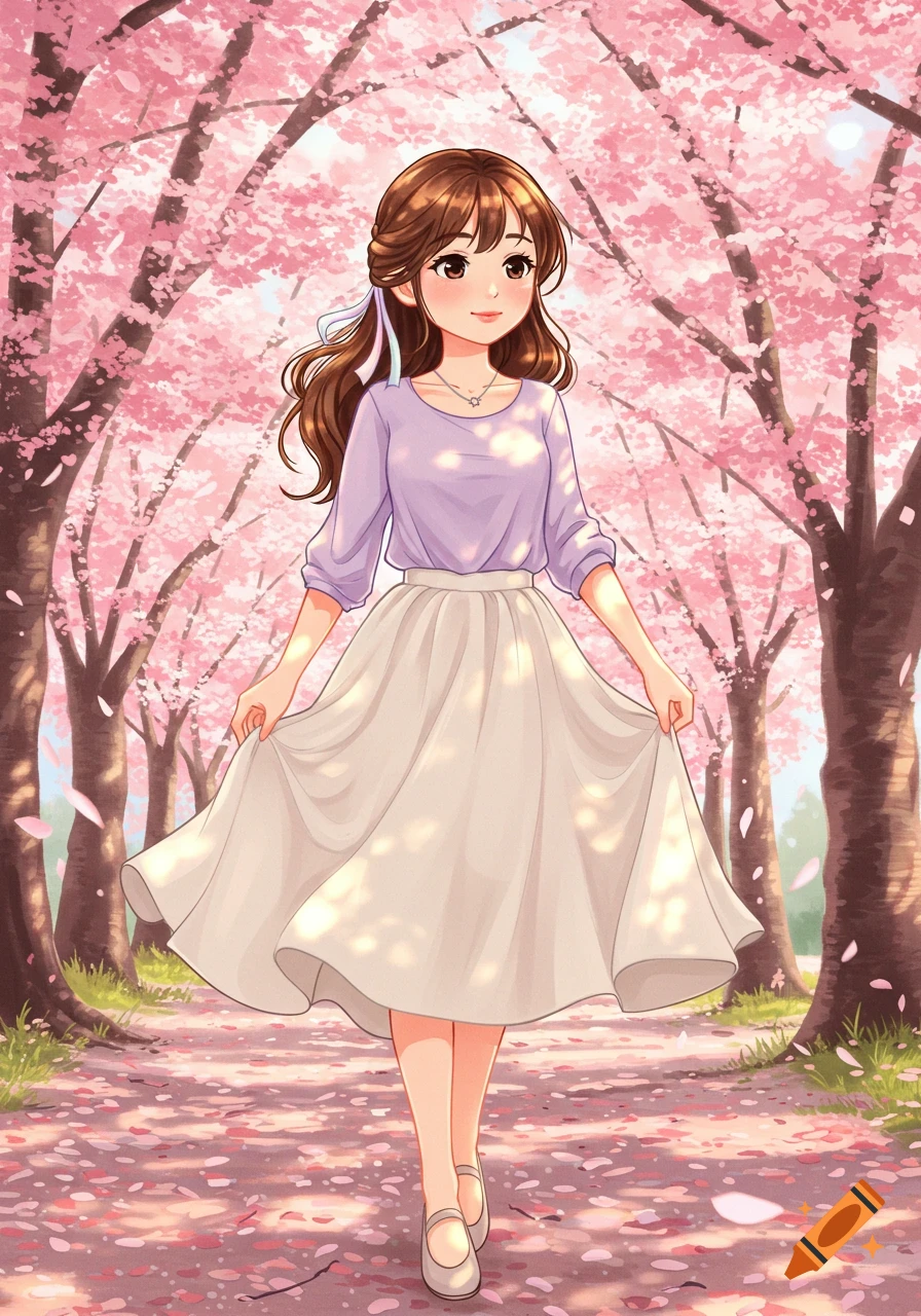 An anime-style woman in a lavender blouse and cream skirt walks on a path covered in fallen pink petals under cherry blossom trees.