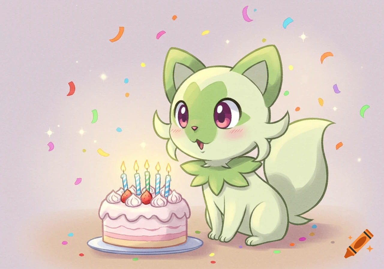 A cute Sprigatito, the grass cat Pokémon, looks at a birthday cake with lit candles, surrounded by confetti, in a chibi cartoon style.