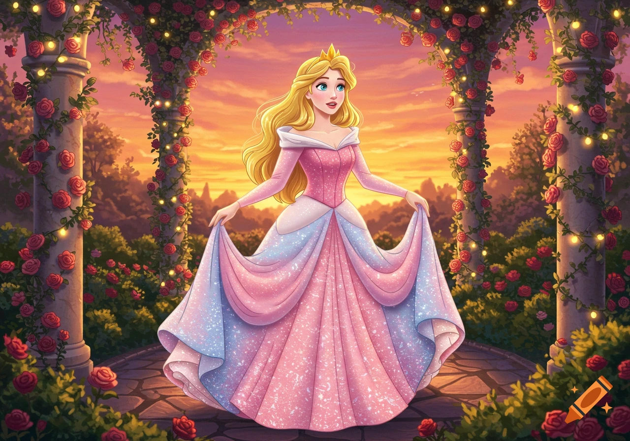 Blonde princess in a sparkling pink and blue gown stands under a rose-covered arbor with string lights at sunset, illustration style.