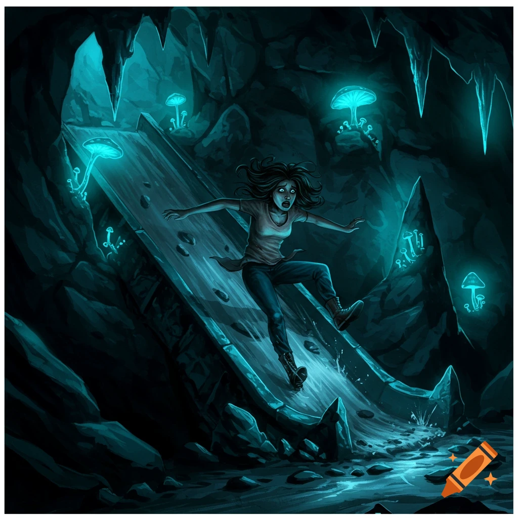 A terrified woman in a comic art style slides down a rocky chute in a dark cave illuminated by glowing blue mushrooms.
