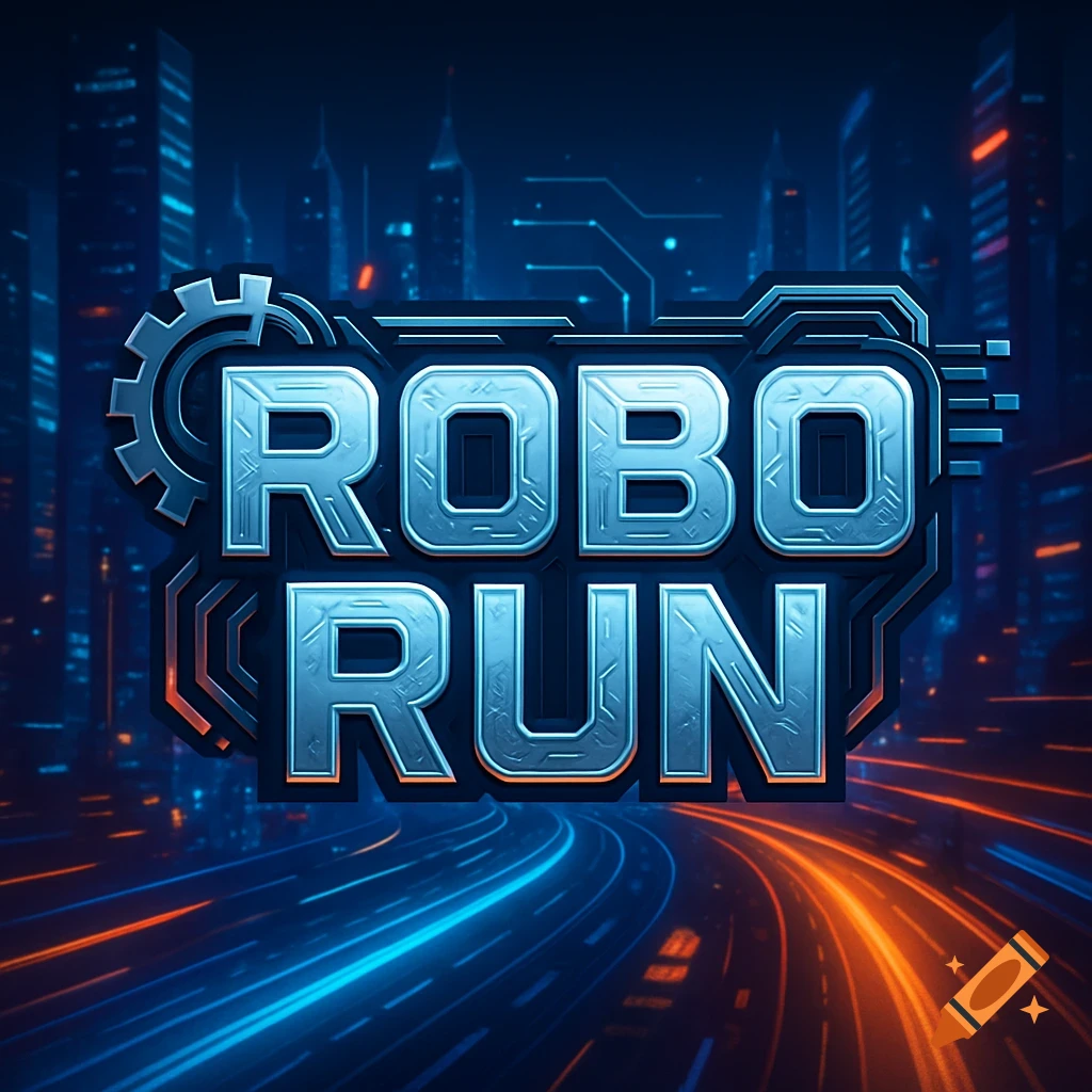 Futuristic metallic game logo for 'ROBO RUN' set against a dark, neon-lit cityscape with glowing streets.