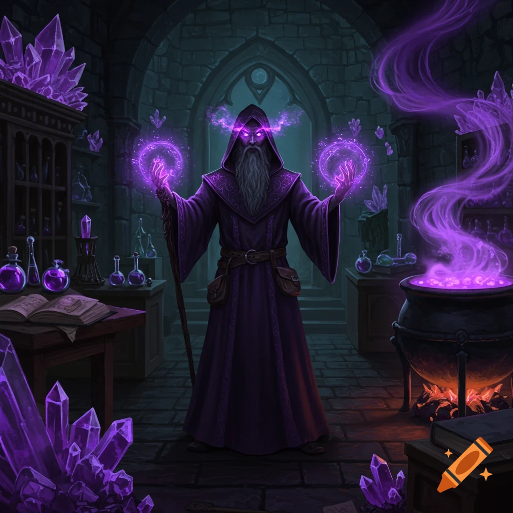 A dark wizard with glowing purple eyes and hands casting spells in a stone dungeon, surrounded by purple crystals and a bubbling cauldron.