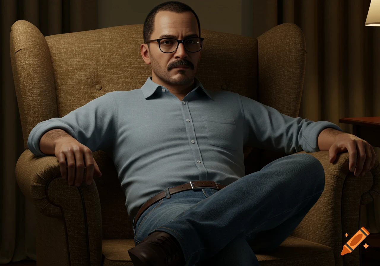 Photorealistic portrait of a man with a mustache and glasses, wearing a light blue shirt and jeans, sitting in a comfy armchair.