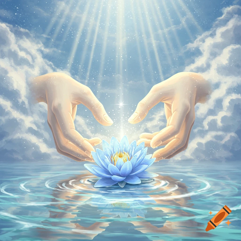 Ethereal hands emerge from clouds, gently holding a glowing blue water lily floating on calm water under sun rays. Digital illustration.