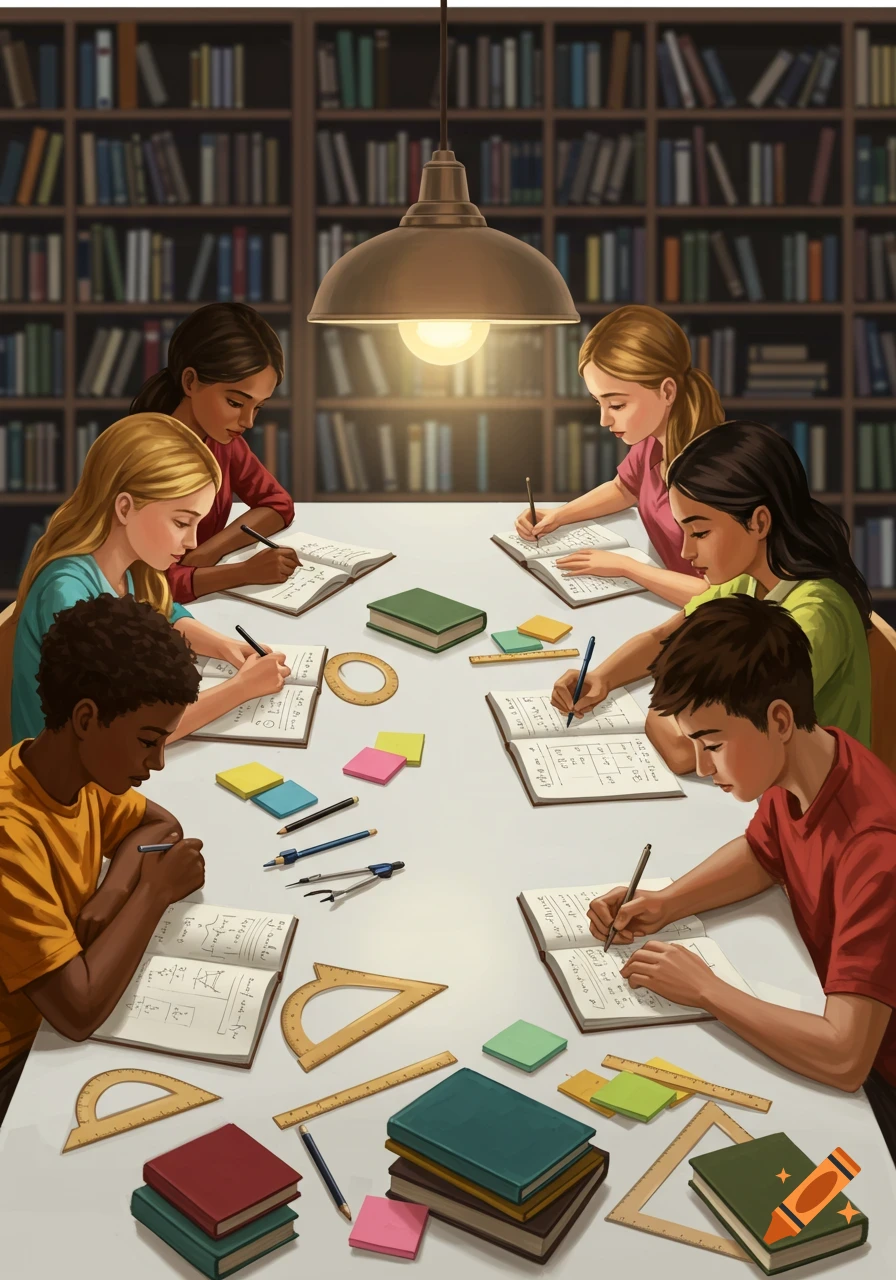 A diverse group of students studies at a round table in a library, surrounded by books and mathematical tools under a warm lamp.