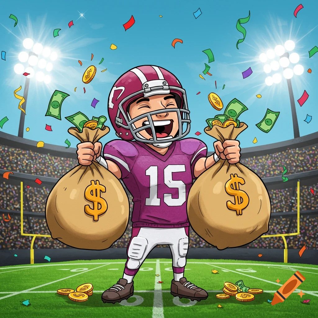 A happy cartoon football player in a stadium holds two money bags as confetti and cash fall around him.