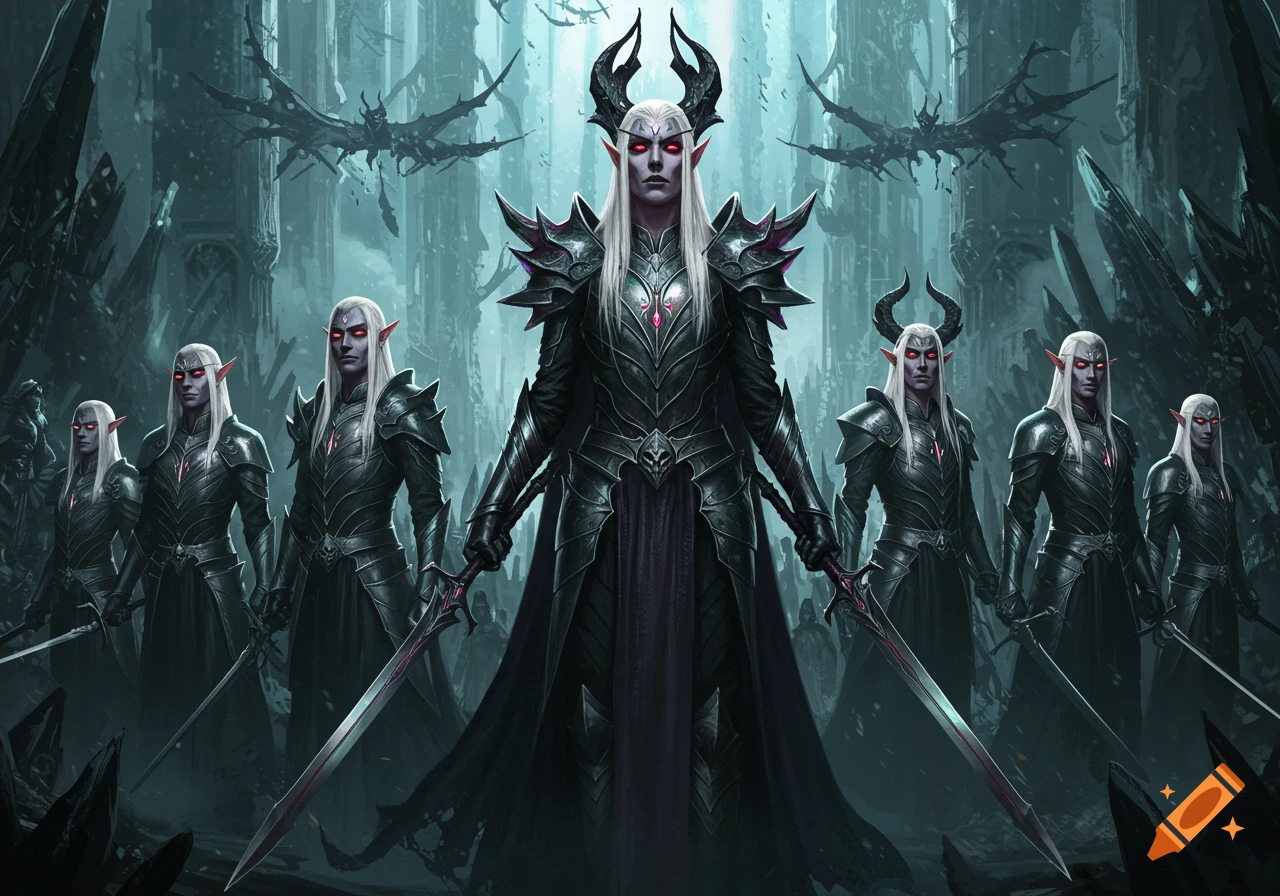 Hyper-realistic image of dark elves in black demonic armor with swords, glowing eyes, and platinum hair, standing before a grim crystal city.
