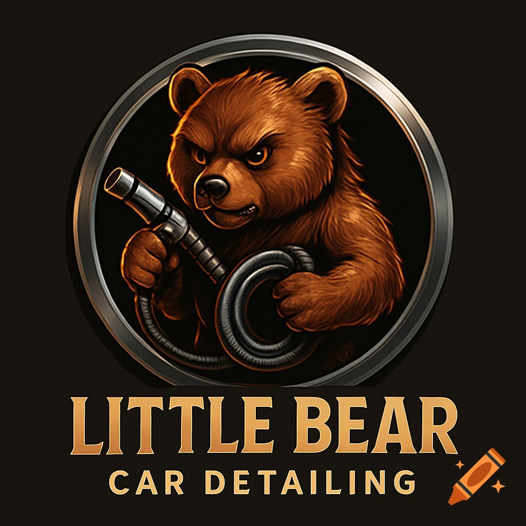 A fierce cartoon bear holding a car wash hose inside a metallic circle logo, with 'LITTLE BEAR CAR DETAILING' text below.