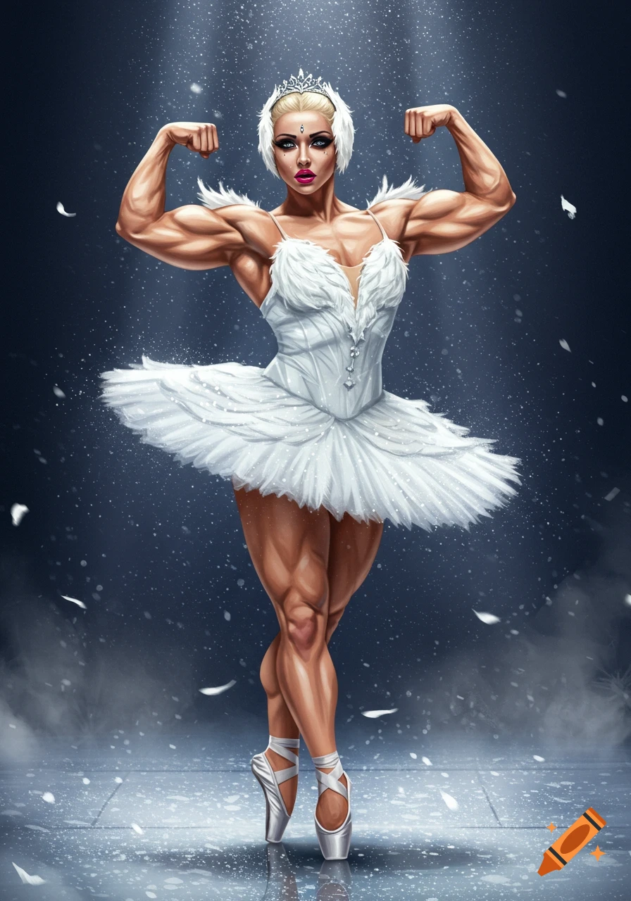 A highly muscular ballerina with blonde hair and a tiara flexes her biceps in a white swan tutu and pointe shoes on a dark, snowy stage.