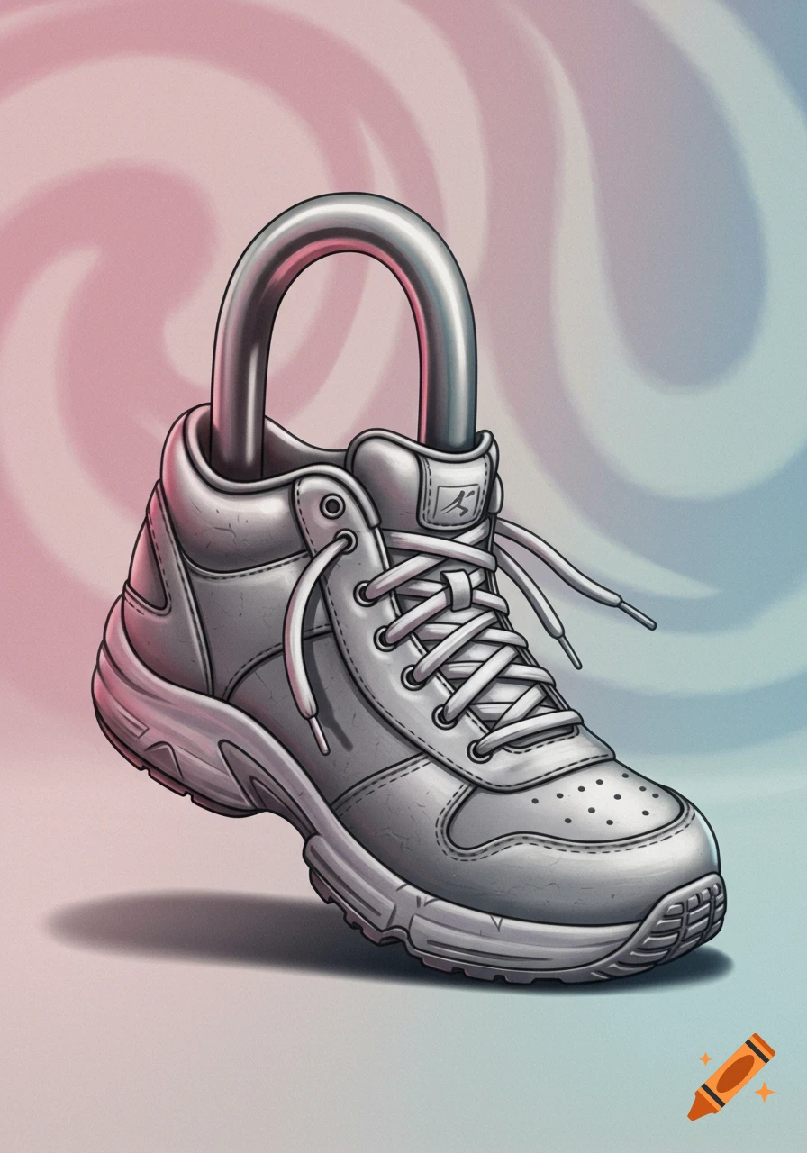 An illustration of a grey sneaker transformed into a padlock, with a metallic shackle, on a swirling pink and blue background.