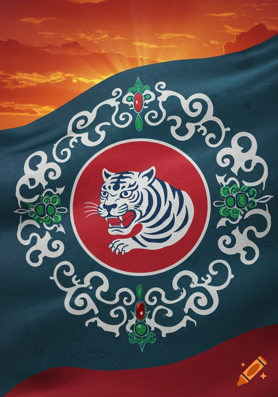 Waving flag, dark teal and red, with a stylized white and blue tiger emblem in a red circle, ornate patterns, and a sunset background.