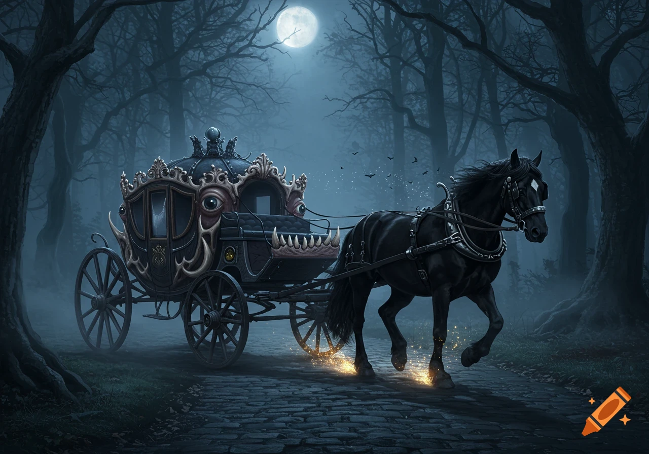 A monstrous, ornate carriage with eyes and teeth is pulled by a black horse through a dark, foggy forest under a full moon.