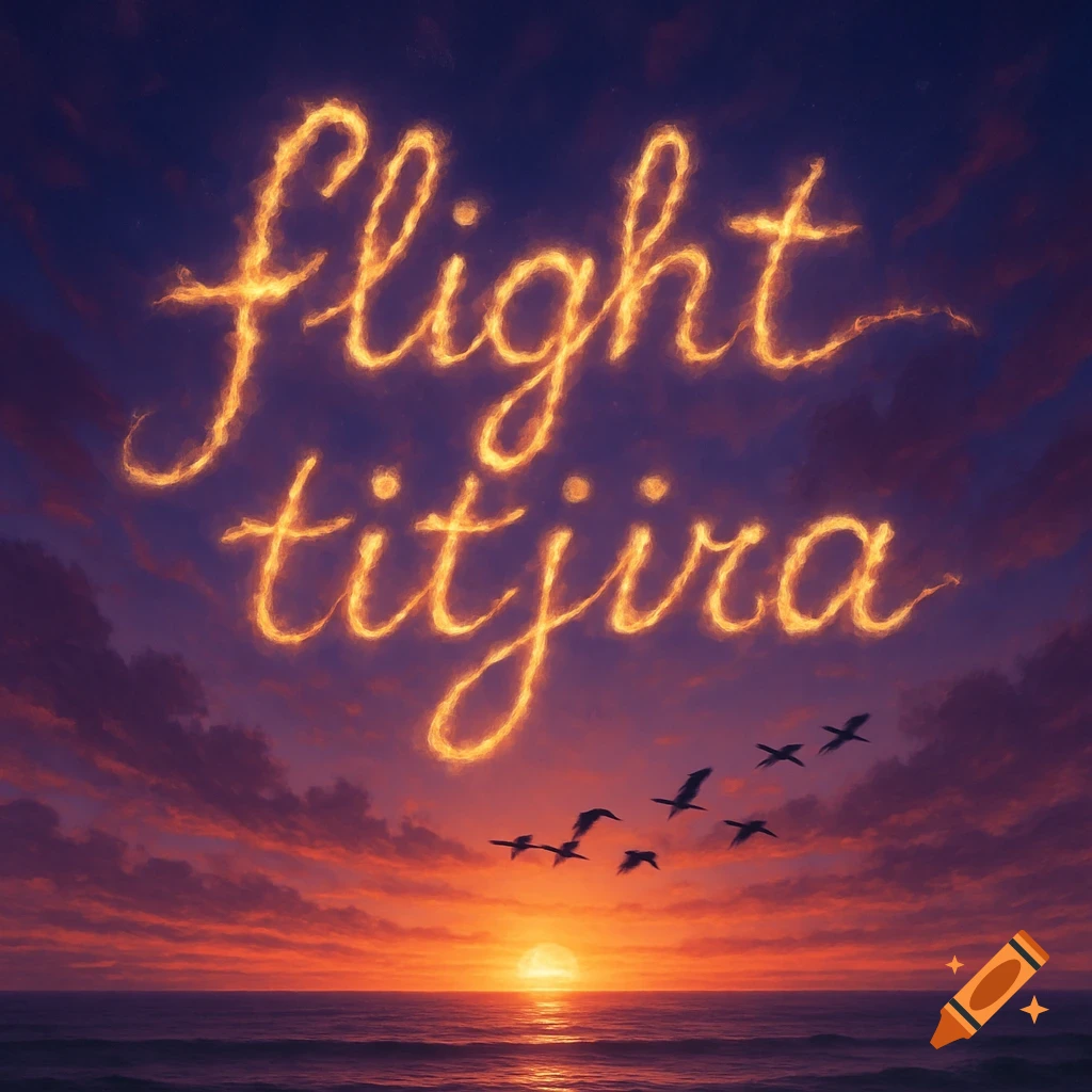 A vibrant sunset over the ocean with dark clouds, featuring fiery cursive text 'flight titjira' in the sky and a flock of birds flying.