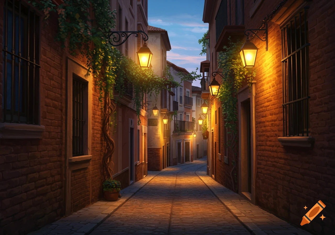 A narrow old city street at dusk, lit by glowing lanterns hanging from buildings, with ivy climbing the brick walls.