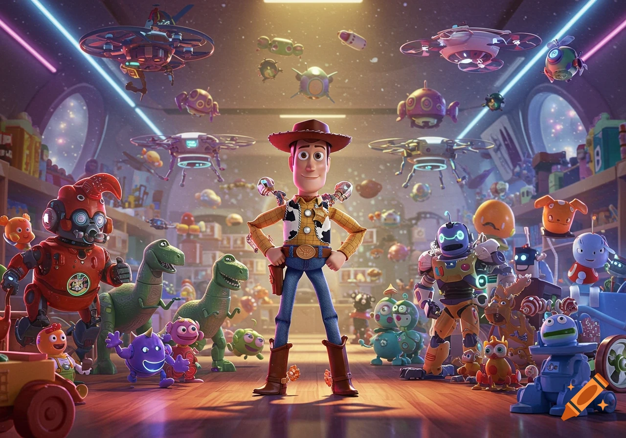 Woody from Toy Story stands among various robots, drones, and other colorful toys in a brightly lit room.