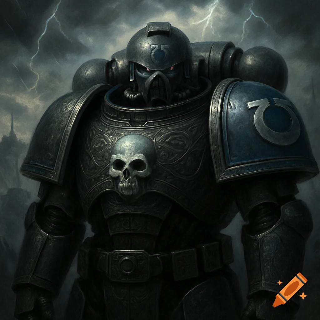 Close-up of a Warhammer 40k Ultramarine in black armor with a skull emblem and blue pauldron, against a stormy sky with lightning.