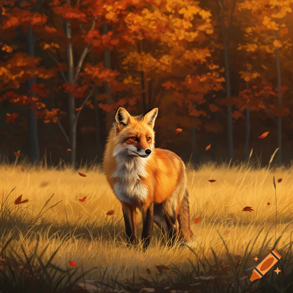 A red fox stands in golden grass with scattered autumn leaves, against a backdrop of trees with red and orange foliage.