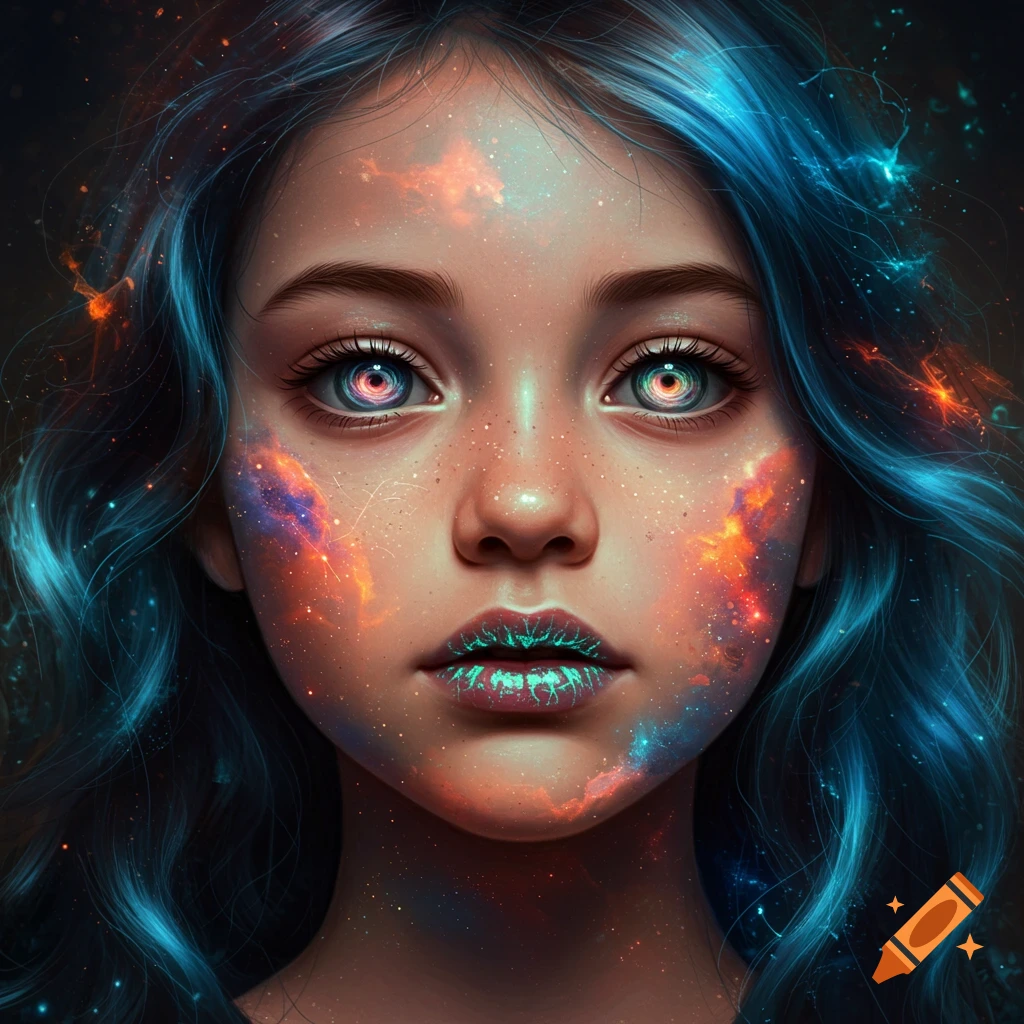 Close-up portrait of a young girl with luminous blue hair and cosmic patterns of nebulae and stars across her face and in her eyes.
