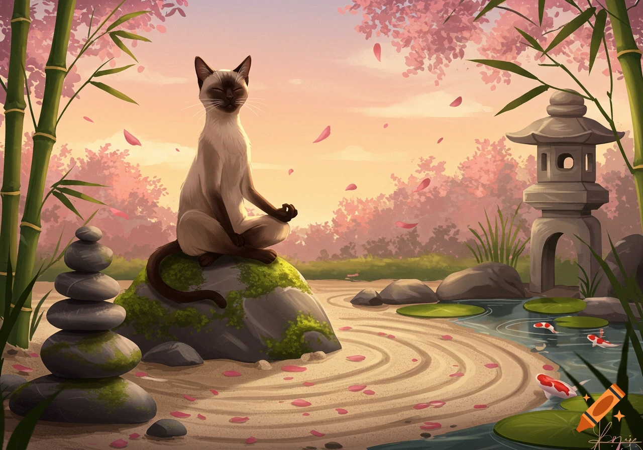 An illustration of a serene Siamese cat meditating on a mossy rock in a Japanese garden with cherry blossoms, bamboo, a lantern, and koi.