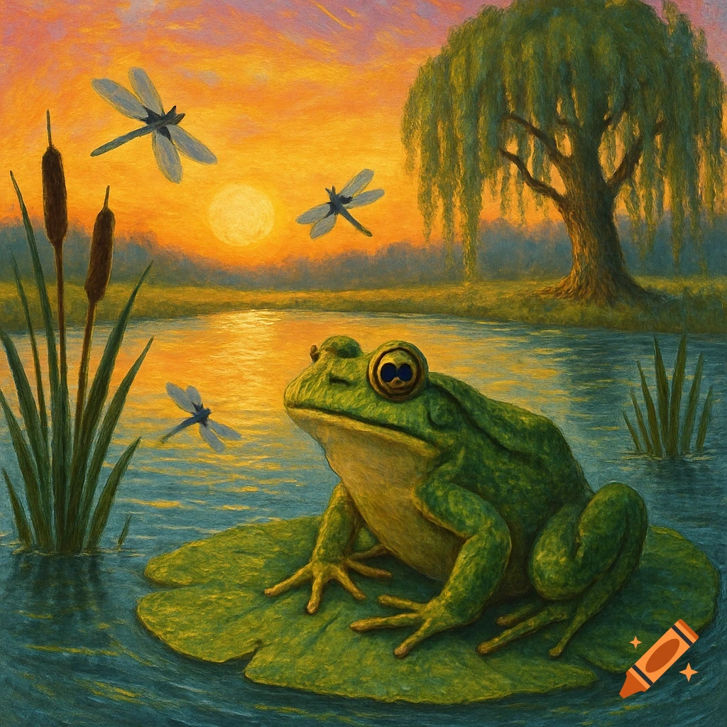 A vibrant painting of a large green frog on a lily pad in a pond at sunset, with dragonflies, cattails, and a weeping willow tree.