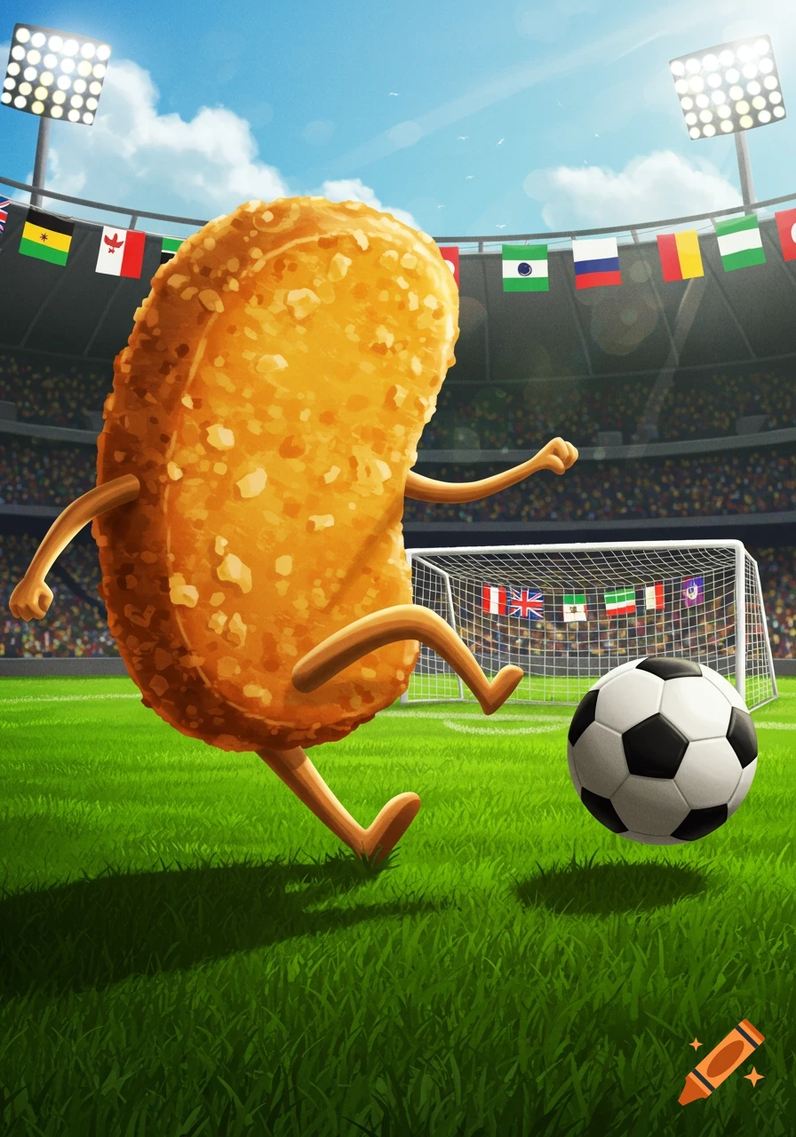 A cartoon hash brown with stick limbs kicks a soccer ball on a green field in a large stadium with flags overhead. Stylized illustration.