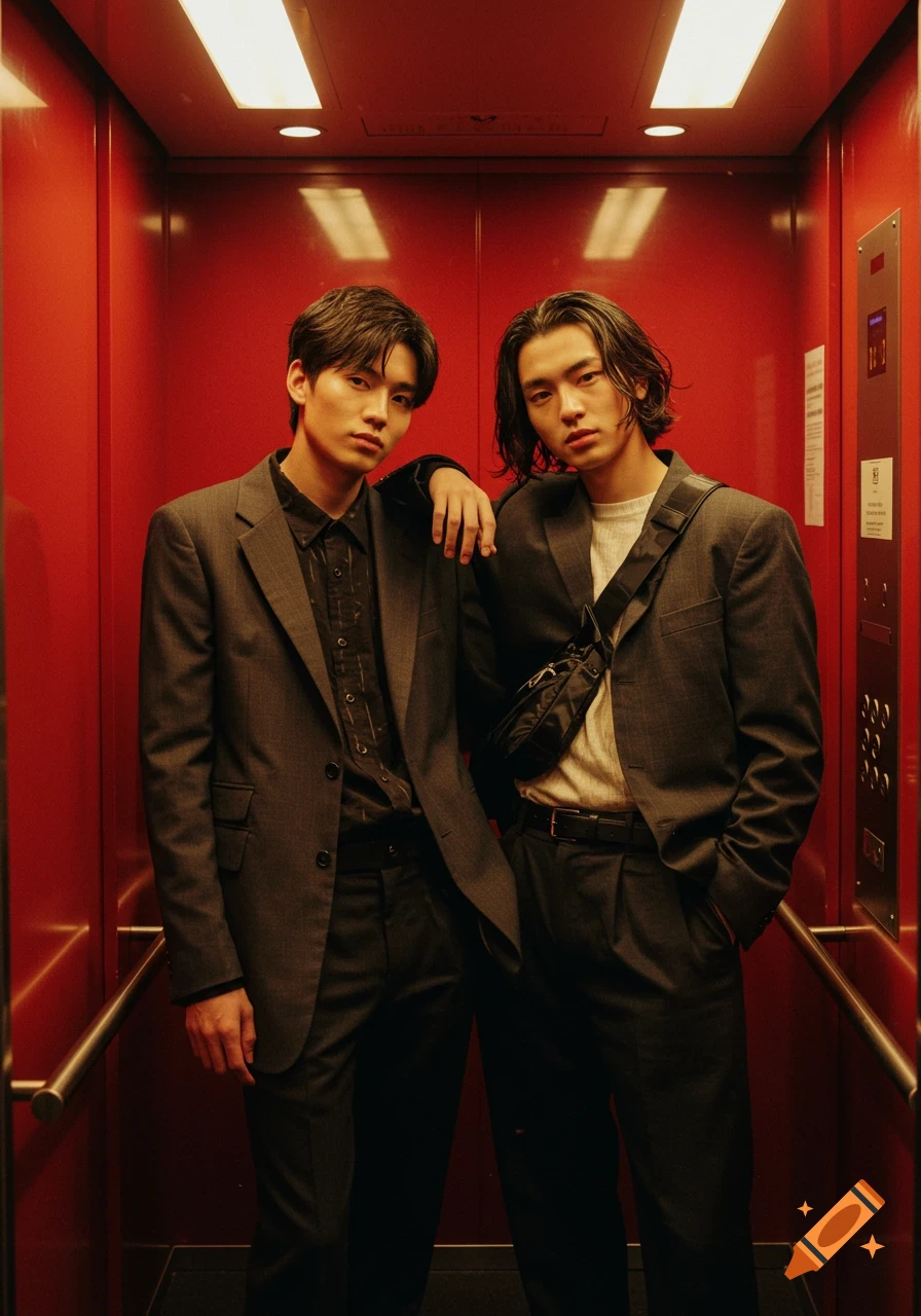 Photorealistic portrait of two fashionable young men in suits posing in a red elevator with cinematic lighting.