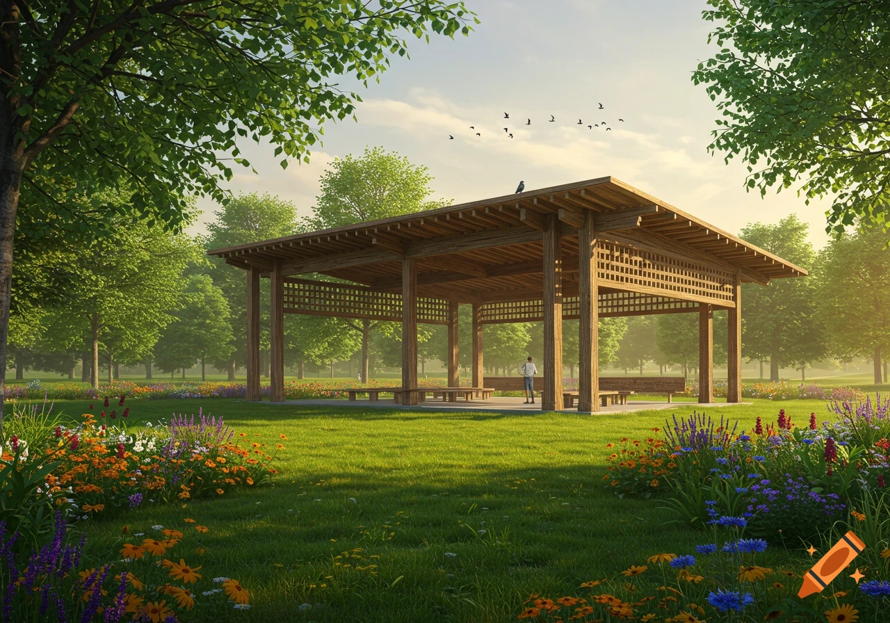 A photorealistic image of a wooden pavilion in a lush green park filled with colorful wildflowers under a bright sky.