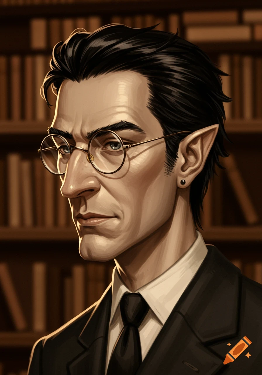 Detailed illustration of a male fantasy character with dark hair, round glasses, pointed ears, and a black suit, bookshelves in background.
