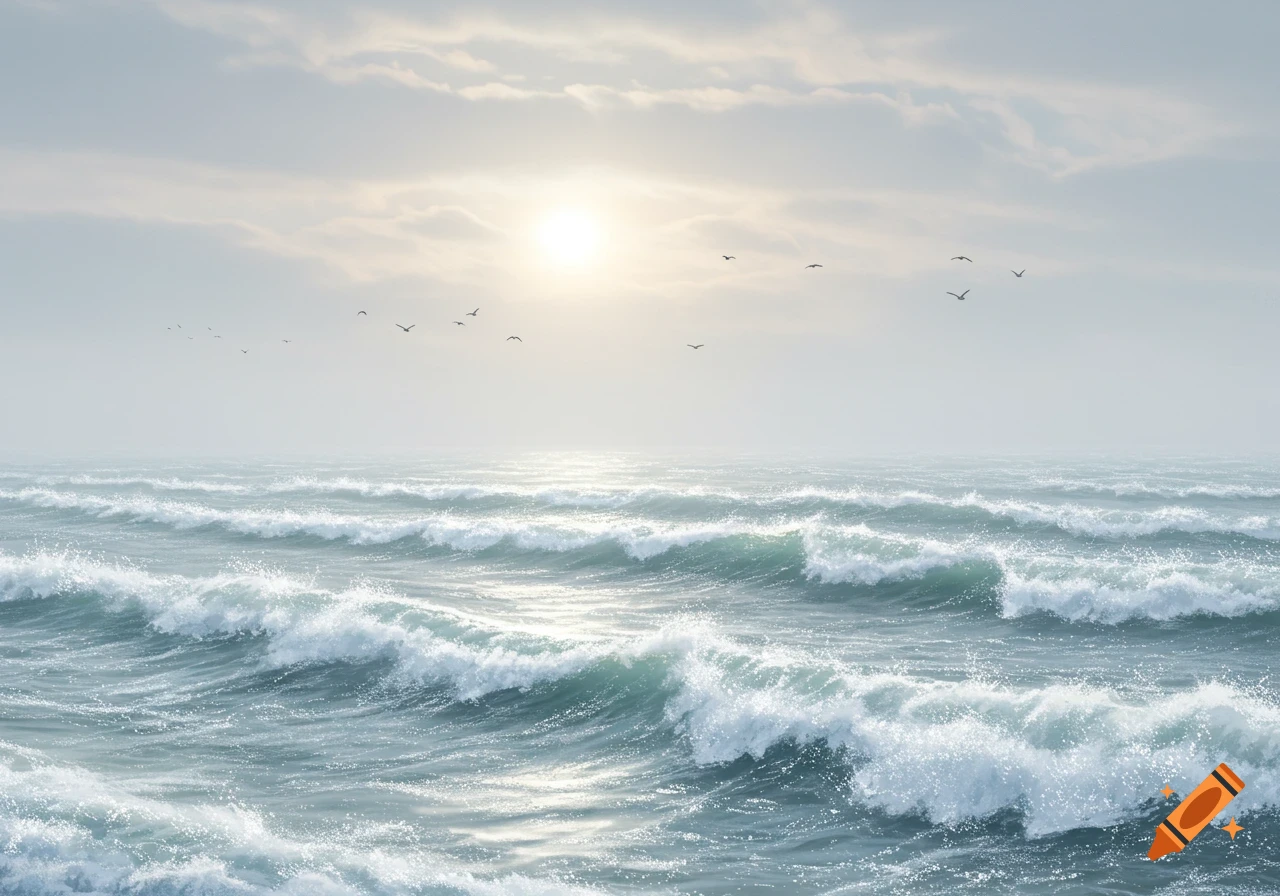 A serene seascape with foamy ocean waves under a bright, cloudy sky, with birds flying.