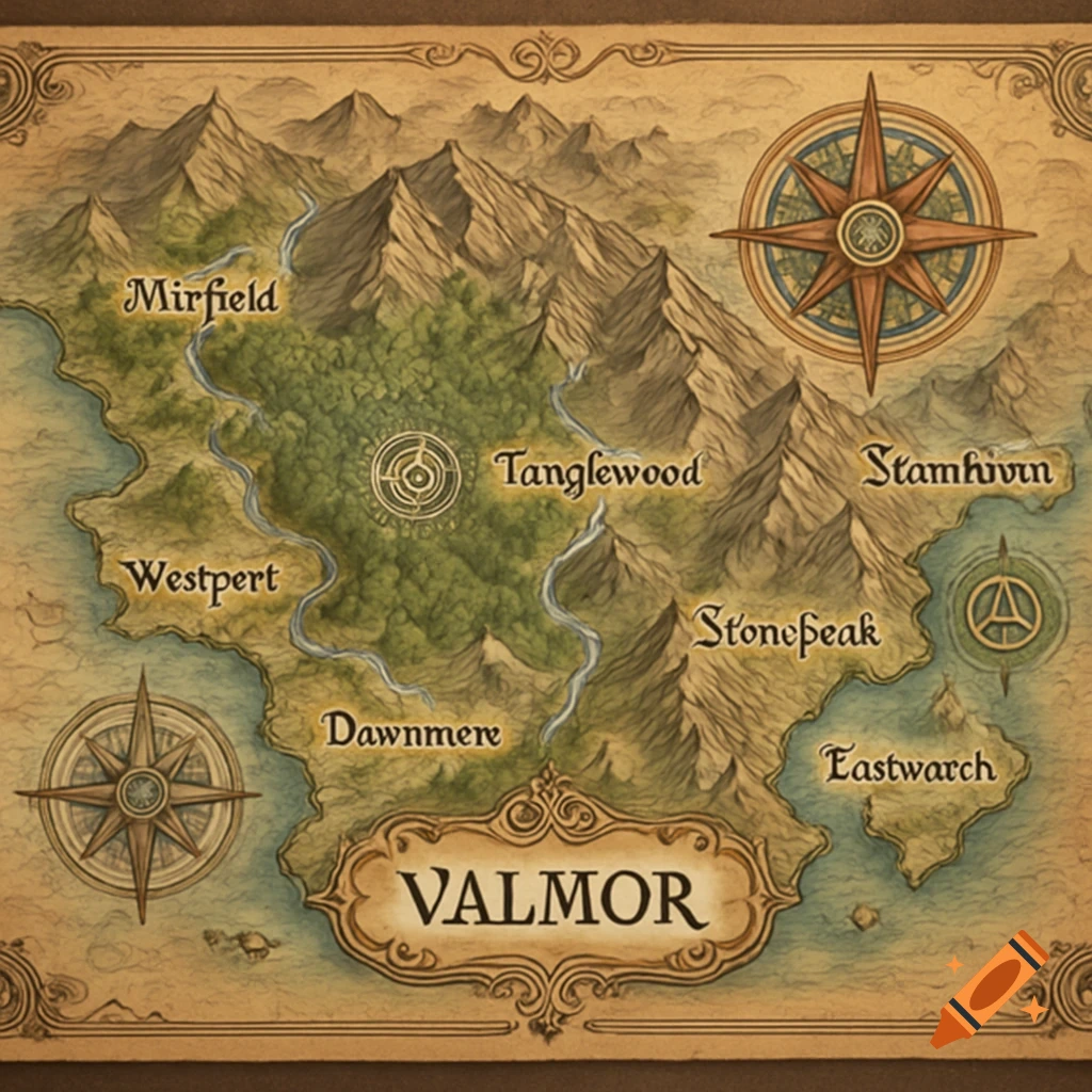 Vintage-style fantasy map of Valmor showing mountains, rivers, forests, towns, and compass roses.
