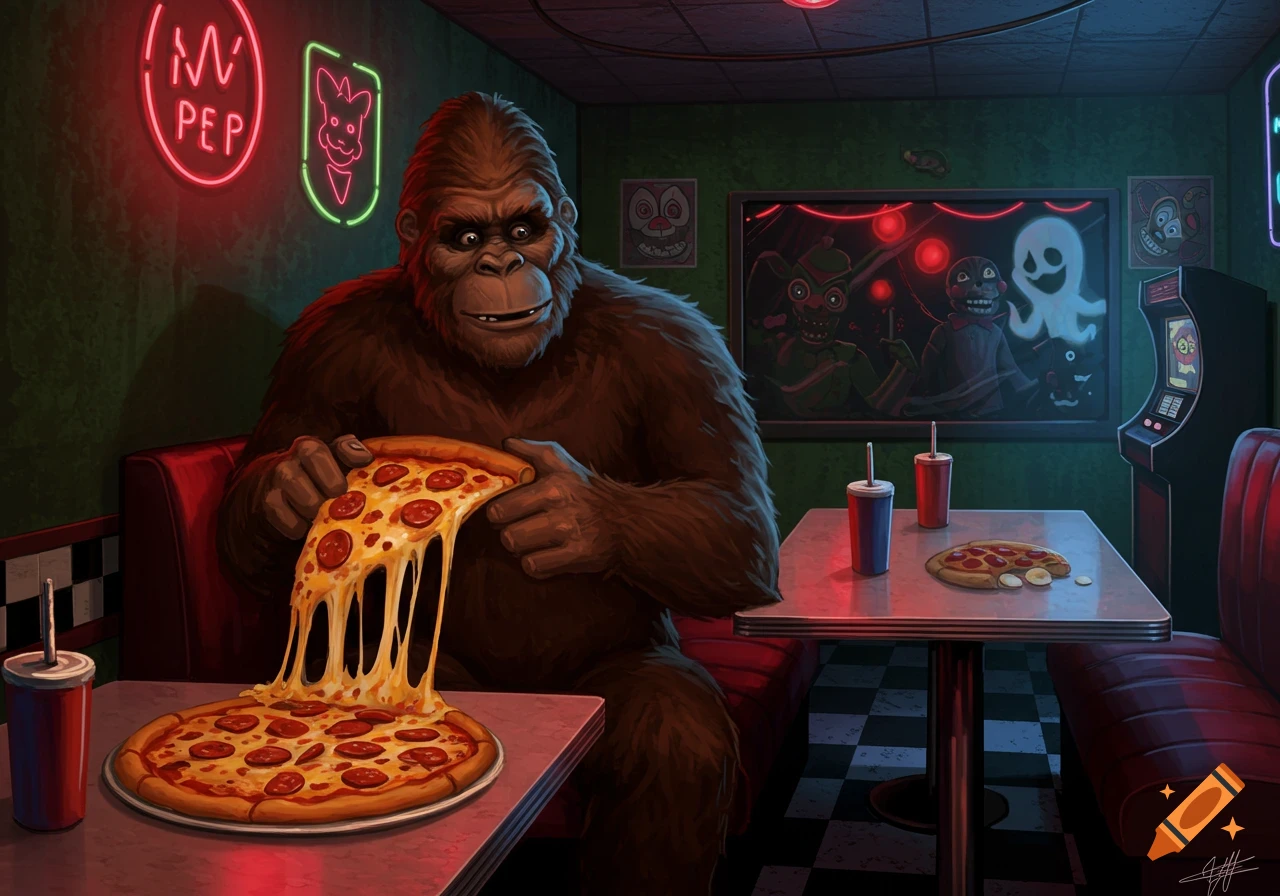 A Bigfoot-like gorilla eats a slice of pepperoni pizza with stringy cheese at a dark arcade booth with neon signs and FNaF-themed posters.