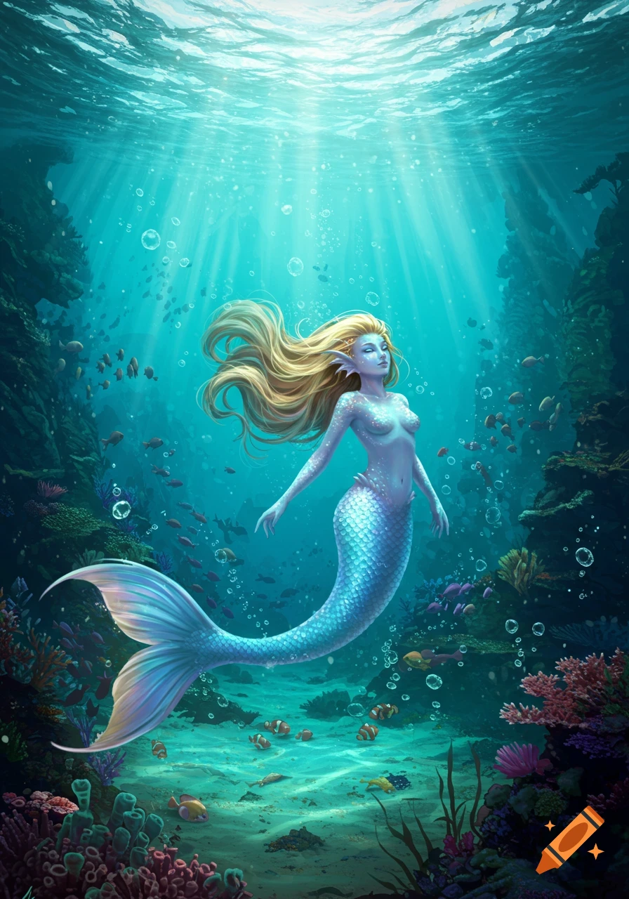 A blonde mermaid with a shimmering blue tail swims gracefully in a vibrant, sunlit coral reef underwater fantasy scene.